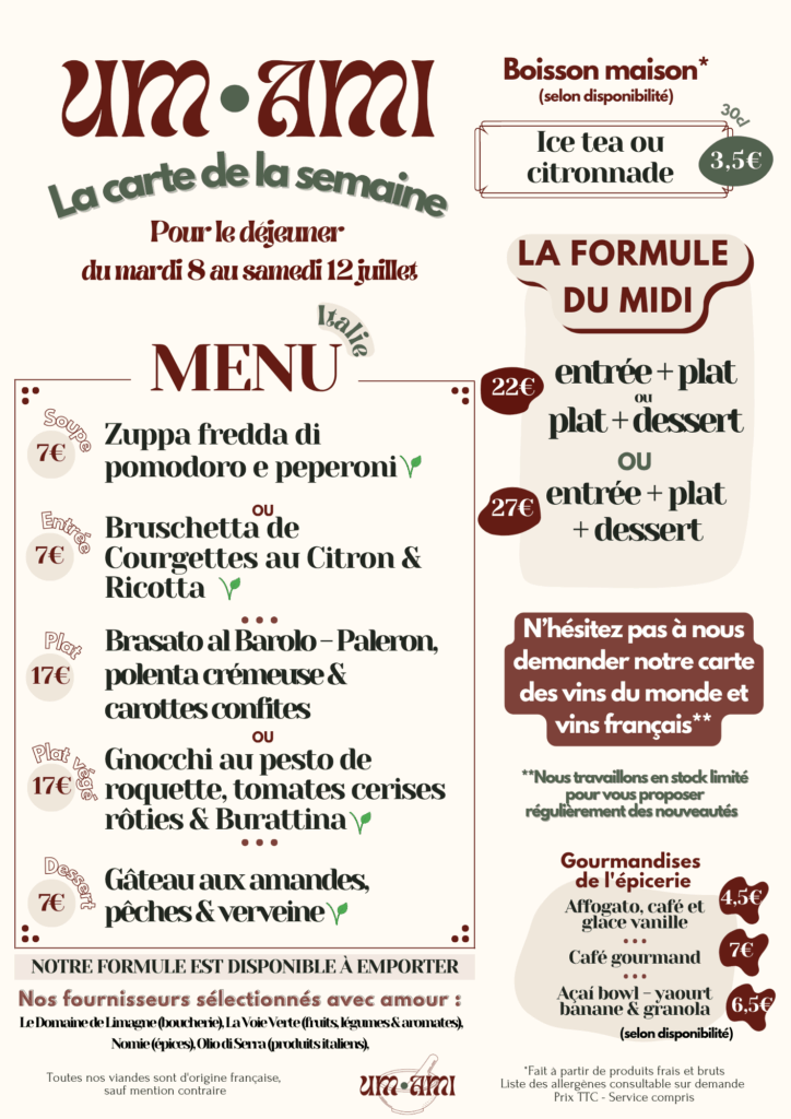 menu du mardi 8 au samedi 12 Juillet