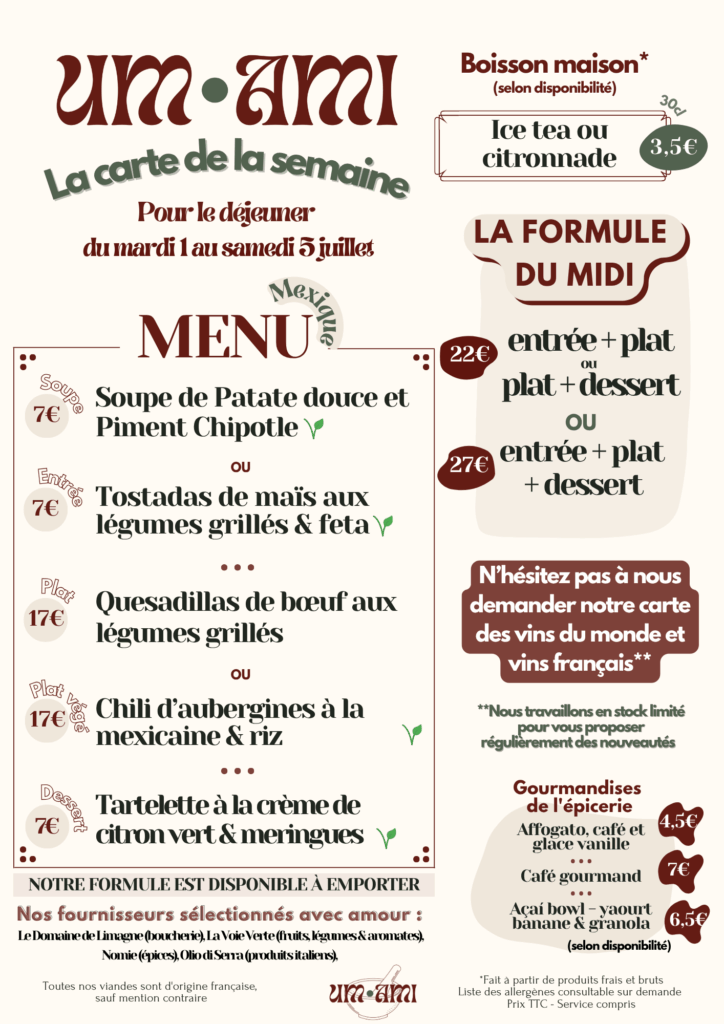 menu du mardi 1 au samedi 5 Juillet